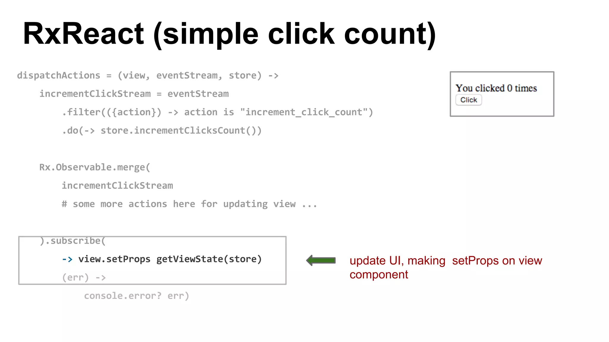 dispatchActions = (view, eventStream, store) ->
incrementClickStream = eventStream
.filter(({action}) -> action is "increment_click_count")
.do(-> store.incrementClicksCount())
Rx.Observable.merge(
incrementClickStream
# some more actions here for updating view ...
).subscribe(
-> view.setProps getViewState(store)
(err) ->
console.error? err)
RxReact (simple click count)
update UI, making setProps on view
component
 