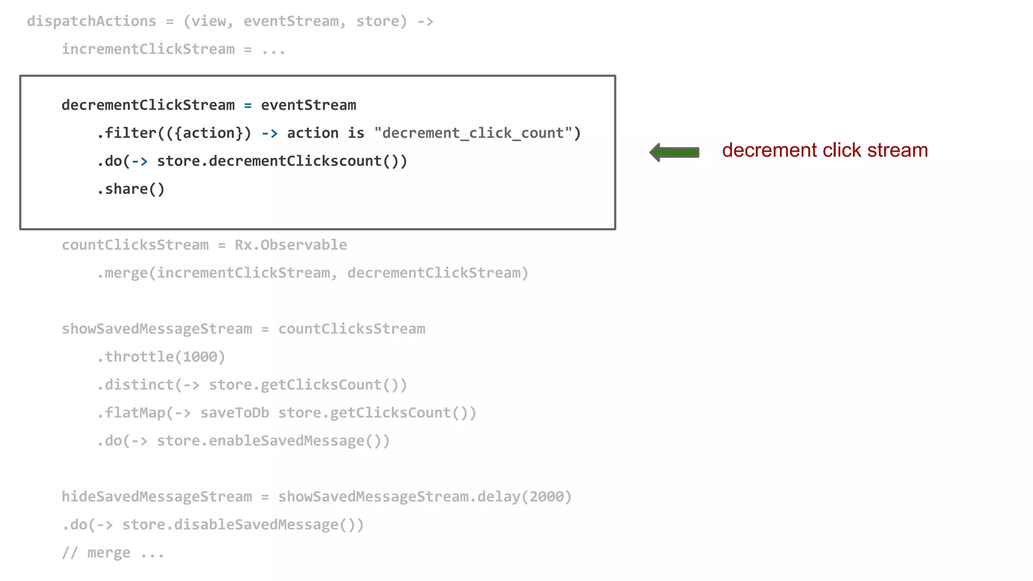 dispatchActions = (view, eventStream, store) ->
incrementClickStream = ...
decrementClickStream = eventStream
.filter(({action}) -> action is "decrement_click_count")
.do(-> store.decrementClickscount())
.share()
countClicksStream = Rx.Observable
.merge(incrementClickStream, decrementClickStream)
showSavedMessageStream = countClicksStream
.throttle(1000)
.distinct(-> store.getClicksCount())
.flatMap(-> saveToDb store.getClicksCount())
.do(-> store.enableSavedMessage())
hideSavedMessageStream = showSavedMessageStream.delay(2000)
.do(-> store.disableSavedMessage())
// merge ...
decrement click stream
 