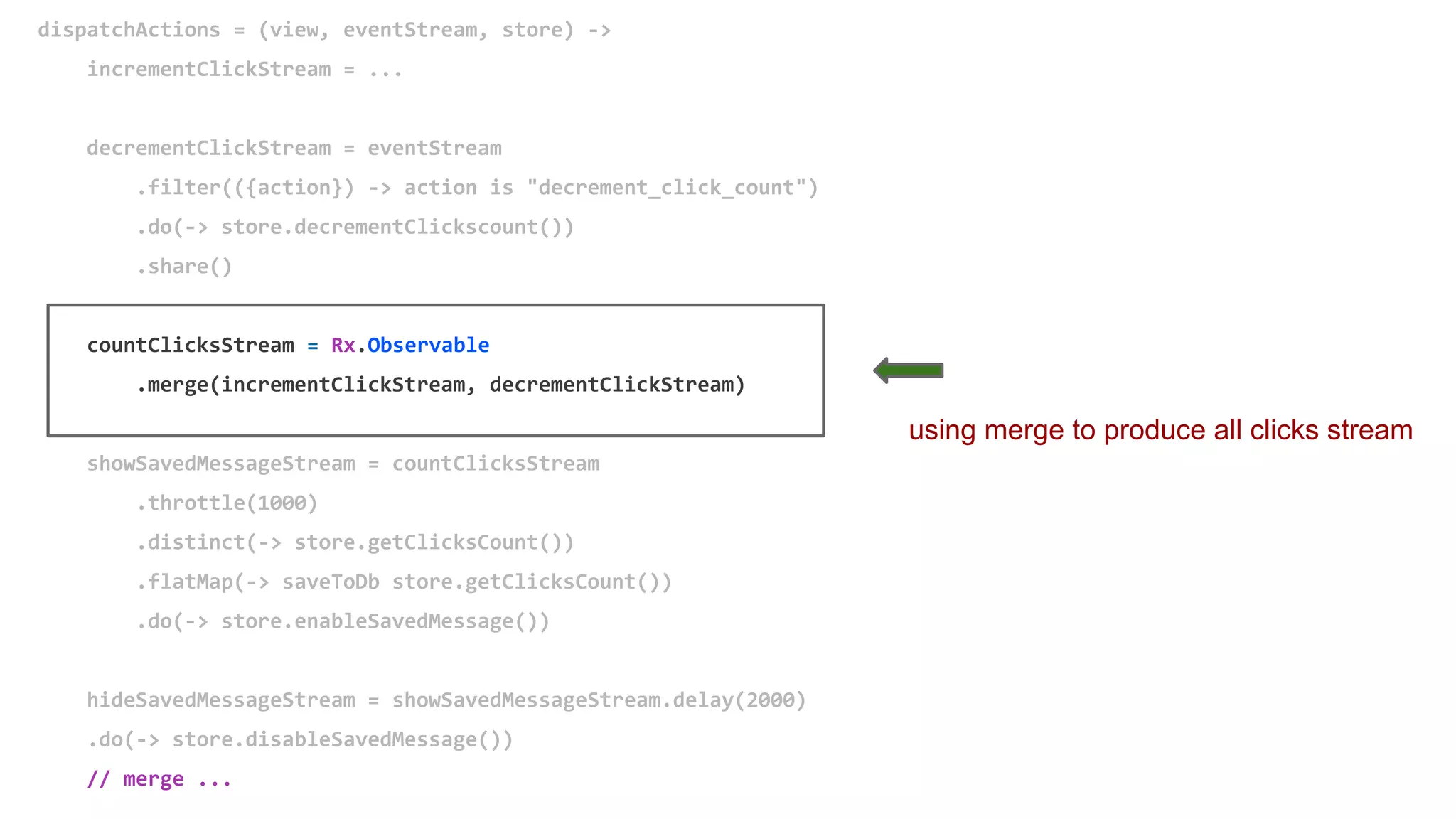 dispatchActions = (view, eventStream, store) ->
incrementClickStream = ...
decrementClickStream = eventStream
.filter(({action}) -> action is "decrement_click_count")
.do(-> store.decrementClickscount())
.share()
countClicksStream = Rx.Observable
.merge(incrementClickStream, decrementClickStream)
showSavedMessageStream = countClicksStream
.throttle(1000)
.distinct(-> store.getClicksCount())
.flatMap(-> saveToDb store.getClicksCount())
.do(-> store.enableSavedMessage())
hideSavedMessageStream = showSavedMessageStream.delay(2000)
.do(-> store.disableSavedMessage())
// merge ...
using merge to produce all clicks stream
 
