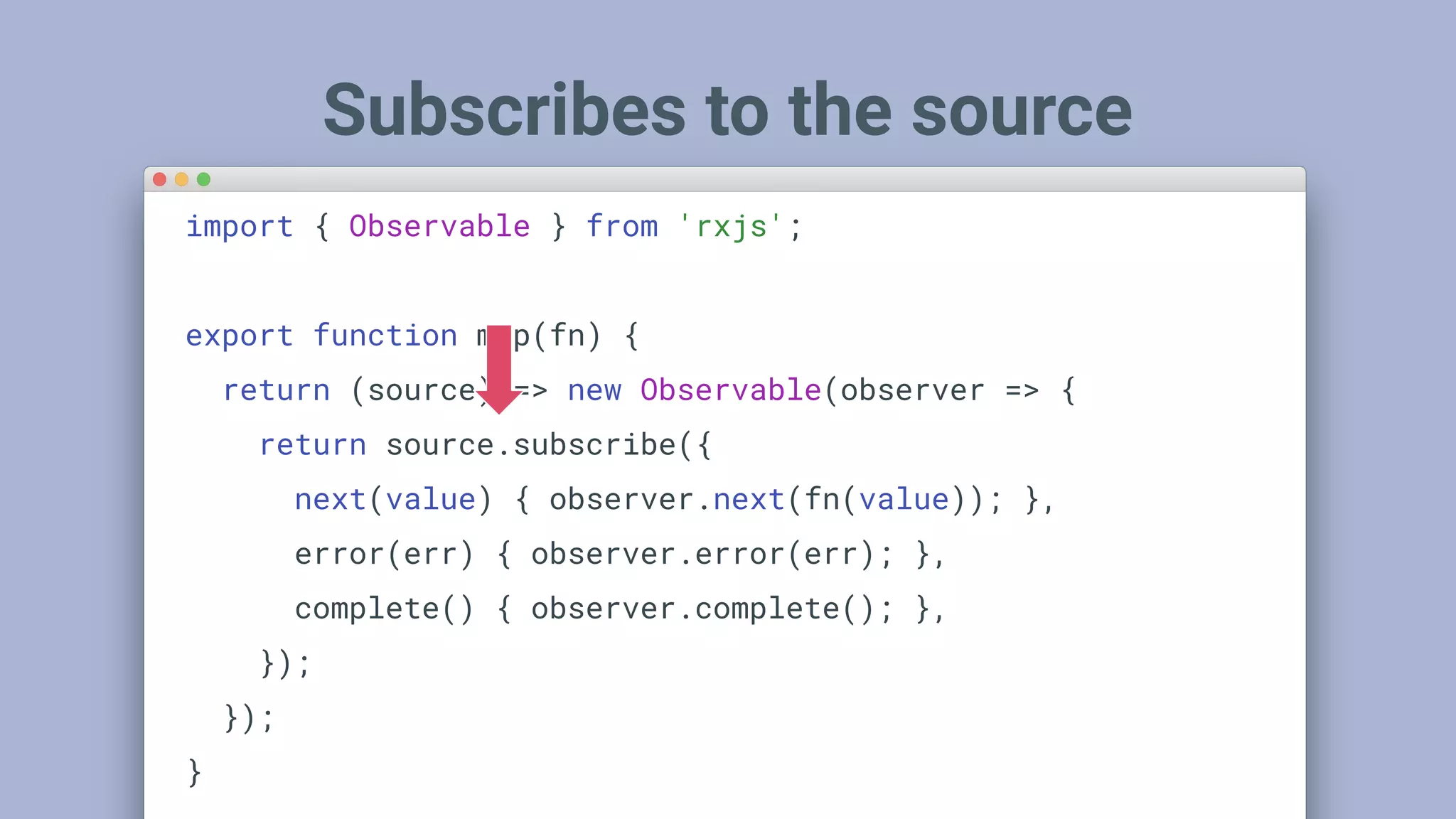 Subscribes to the source
import { Observable } from 'rxjs';
export function map(fn) {
return (source) => new Observable(observer => {
return source.subscribe({
next(value) { observer.next(fn(value)); },
error(err) { observer.error(err); },
complete() { observer.complete(); },
});
});
}
 