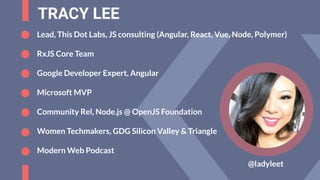 TRACY LEE
@ladyleet
Lead, This Dot Labs, JS consulting (Angular, React, Vue, Node, Polymer)
RxJS Core Team
Google Developer Expert, Angular
Microsoft MVP
Community Rel, Node.js @ OpenJS Foundation
Women Techmakers, GDG Silicon Valley & Triangle
Modern Web Podcast
 