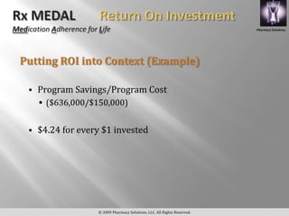 Pharmacy Solutions,




Putting ROI into Context (Example)

    Program Savings/Program Cost
      ($636,000/$150,000)


    $4.24 for every $1 invested




                   © 2009 Pharmacy Solutions, LLC. All Rights Reserved.
 