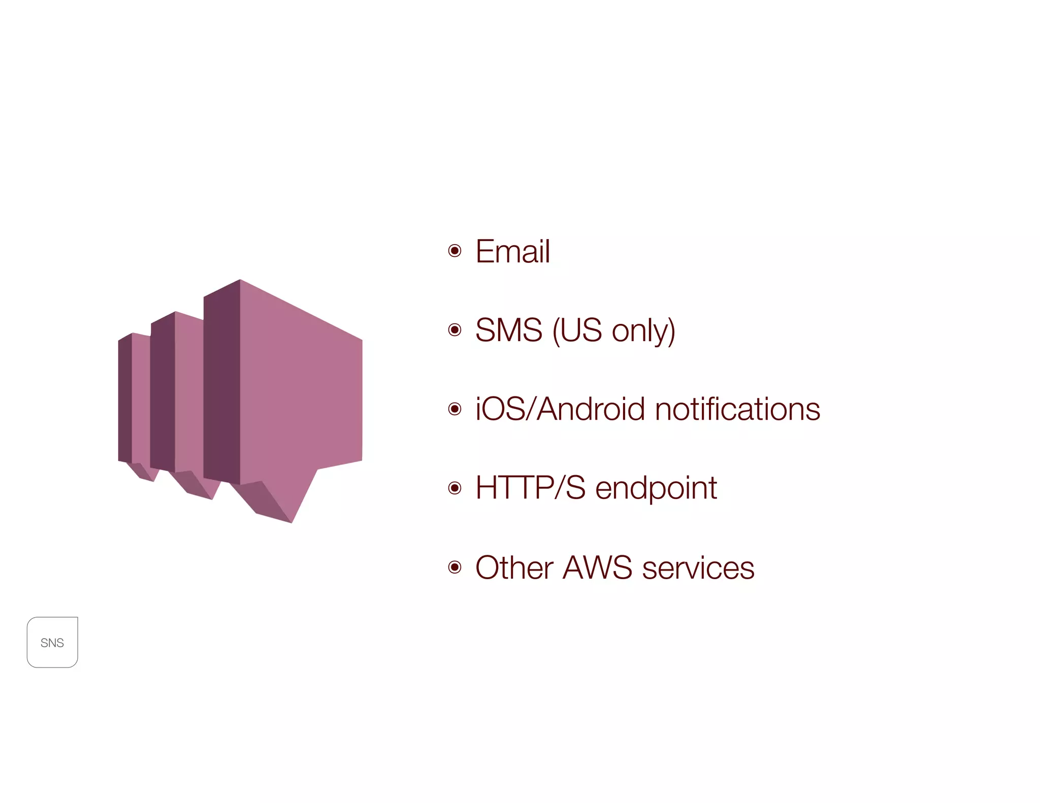 SNS
๏ Email
๏ SMS (US only)
๏ iOS/Android notiﬁcations 
๏ HTTP/S endpoint
๏ Other AWS services
 