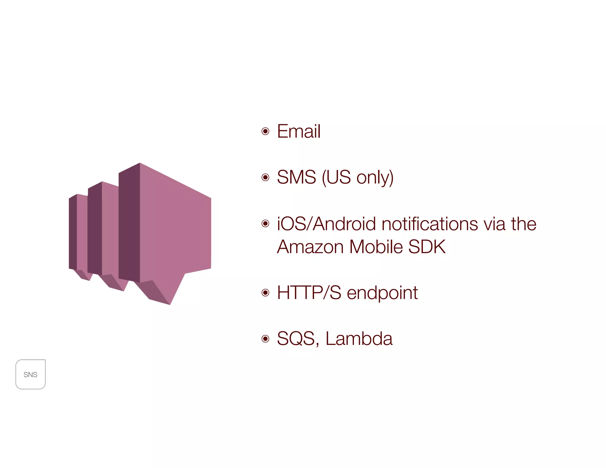 SNS
๏ Email
๏ SMS (US only)
๏ iOS/Android notiﬁcations via the
Amazon Mobile SDK 
๏ HTTP/S endpoint
๏ SQS, Lambda
 