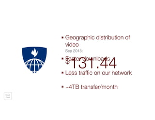 Cloud
Front
๏ Geographic distribution of
video
๏ Faster downloads
๏ Less trafﬁc on our network
๏ ~4TB transfer/month
Sep 2015:
$
131.44
 