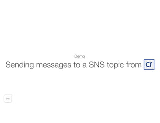 SNS
Demo
Sending messages to a SNS topic from CF
 