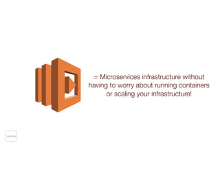 Lambda
= Microservices infrastructure without
having to worry about running containers
or scaling your infrastructure!
 