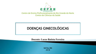 Centro de Ensino Profissionalizante do Rio Grande do Norte
Centro de Ciências da Saúde
DOENÇAS GINECOLÓGICAS
Docente: Lucas Batista Ferreira
NATAL/RN
2018
 