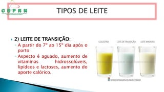  2) LEITE DE TRANSIÇÃO:
◦ A partir do 7º ao 15º dia após o
parto
◦ Aspecto é aguado, aumento de
vitaminas hidrossolúveis,
lipídeos e lactoses, aumento do
aporte calórico.
 