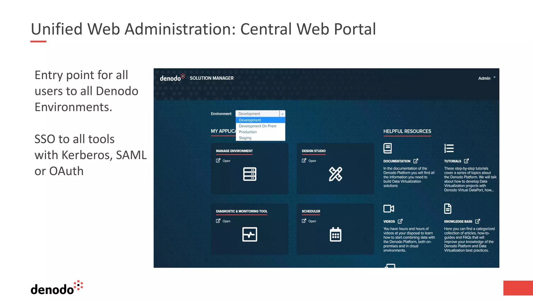 Unified Web Administration: Central Web Portal
Entry point for all
users to all Denodo
Environments.
SSO to all tools
with Kerberos, SAML
or OAuth
 