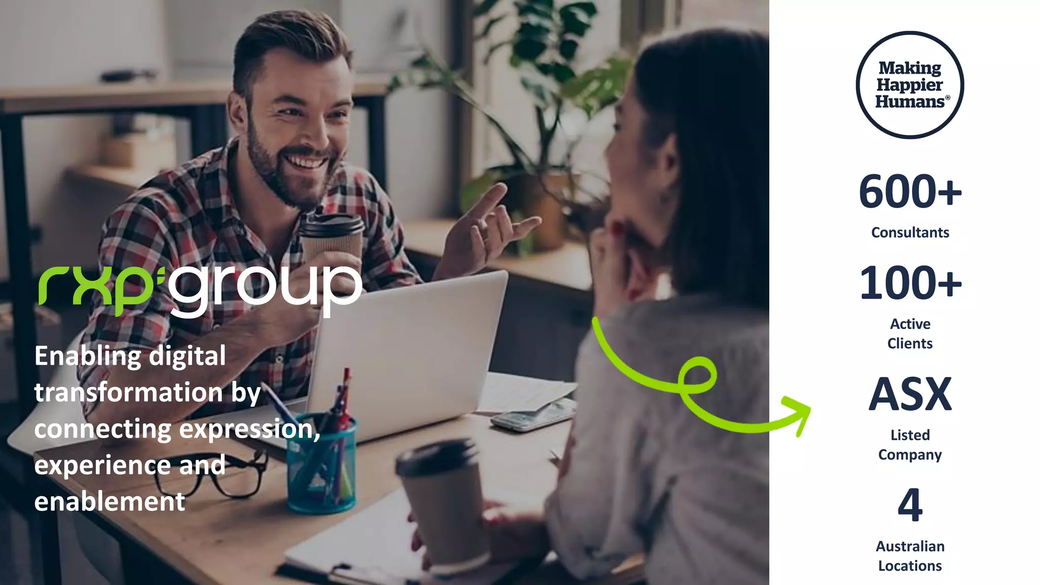 Enabling digital
transformation by
connecting expression,
experience and
enablement
600+
Consultants
100+
Active
Clients
ASX
Listed
Company
4
Australian
Locations
 