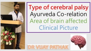 Type of cerebral palsy
Ayurveda Co-relation
Area of brain affected
Clinical Picture
 