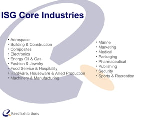 ISG Core Industries Aerospace Building & Construction Composites Electronics Energy Oil & Gas Fashion & Jewelry Food Service & Hospitality Hardware, Houseware & Allied Production Machinery & Manufacturing Marine Marketing Medical Packaging Pharmaceutical Publishing Security Sports & Recreation 