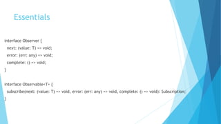 Essentials
interface Observer {
next: (value: T) => void;
error: (err: any) => void;
complete: () => void;
}
interface Observable<T> {
subscribe(next: (value: T) => void, error: (err: any) => void, complete: () => void): Subscription;
}
 