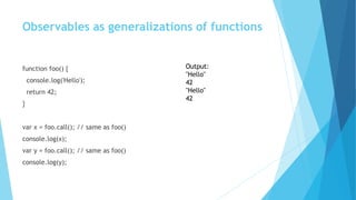 Observables as generalizations of functions
function foo() {
console.log('Hello');
return 42;
}
var x = foo.call(); // same as foo()
console.log(x);
var y = foo.call(); // same as foo()
console.log(y);
Output:
"Hello"
42
"Hello"
42
 