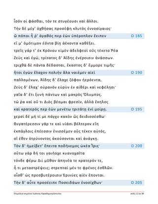Ἐπιμέλεια κειμένου Ἰωάννης Καραδημητρόπουλος σελίς 11 ἐκ 96
ἶσόν οἱ φάσθαι, τόν τε στυγέουσι καὶ ἄλλοι.
Τὴν δὲ μέγ’ ὀχθήσας προσέφη κλυτὸς ἐννοσίγαιος·
ὢ πόποι ἦ ῥ’ ἀγαθός περ ἐὼν ὑπέροπλον ἔειπεν Ο 185
εἴ μ’ ὁμότιμον ἐόντα βίῃ ἀέκοντα καθέξει.
τρεῖς γάρ τ’ ἐκ Κρόνου εἰμὲν ἀδελφεοὶ οὓς τέκετο Ῥέα
Ζεὺς καὶ ἐγώ, τρίτατος δ’ Ἀΐδης ἐνέροισιν ἀνάσσων.
τριχθὰ δὲ πάντα δέδασται, ἕκαστος δ’ ἔμμορε τιμῆς·
ἤτοι ἐγὼν ἔλαχον πολιὴν ἅλα ναιέμεν αἰεὶ Ο 190
παλλομένων, Ἀΐδης δ’ ἔλαχε ζόφον ἠερόεντα,
Ζεὺς δ’ ἔλαχ’ οὐρανὸν εὐρὺν ἐν αἰθέρι καὶ νεφέλῃσι·
γαῖα δ’ ἔτι ξυνὴ πάντων καὶ μακρὸς Ὄλυμπος.
τώ ῥα καὶ οὔ τι Διὸς βέομαι φρεσίν, ἀλλὰ ἕκηλος
καὶ κρατερός περ ἐὼν μενέτω τριτάτῃ ἐνὶ μοίρῃ. Ο 195
χερσὶ δὲ μή τί με πάγχυ κακὸν ὣς δειδισσέσθω·
θυγατέρεσσιν γάρ τε καὶ υἱάσι βέλτερον εἴη
ἐκπάγλοις ἐπέεσσιν ἐνισσέμεν οὓς τέκεν αὐτός,
οἵ ἑθεν ὀτρύνοντος ἀκούσονται καὶ ἀνάγκῃ.
Τὸν δ’ ἠμείβετ’ ἔπειτα ποδήνεμος ὠκέα Ἶρις· Ο 200
οὕτω γὰρ δή τοι γαιήοχε κυανοχαῖτα
τόνδε φέρω Διὶ μῦθον ἀπηνέα τε κρατερόν τε,
ἦ τι μεταστρέψεις; στρεπταὶ μέν τε φρένες ἐσθλῶν.
οἶσθ’ ὡς πρεσβυτέροισιν Ἐρινύες αἰὲν ἕπονται.
Τὴν δ’ αὖτε προσέειπε Ποσειδάων ἐνοσίχθων· Ο 205
 