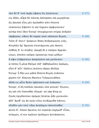 Ἐπιμέλεια κειμένου Ἰωάννης Καραδημητρόπουλος σελίς 15 ἐκ 96
τῶν δέ θ’ ὑπὸ ἰαχῆς ἐφάνη λὶς ἠϋγένειος Ο 275
εἰς ὁδόν, αἶψα δὲ πάντας ἀπέτραπε καὶ μεμαῶτας·
ὣς Δαναοὶ εἷος μὲν ὁμιλαδὸν αἰὲν ἕποντο
νύσσοντες ξίφεσίν τε καὶ ἔγχεσιν ἀμφιγύοισιν·
αὐτὰρ ἐπεὶ ἴδον Ἕκτορ’ ἐποιχόμενον στίχας ἀνδρῶν
τάρβησαν, πᾶσιν δὲ παραὶ ποσὶ κάππεσε θυμός. Ο 280
Τοῖσι δ’ ἔπειτ’ ἀγόρευε Θόας Ἀνδραίμονος υἱός,
Αἰτωλῶν ὄχ’ ἄριστος ἐπιστάμενος μὲν ἄκοντι
ἐσθλὸς δ’ ἐν σταδίῃ· ἀγορῇ δέ ἑ παῦροι Ἀχαιῶν
νίκων, ὁππότε κοῦροι ἐρίσσειαν περὶ μύθων·
ὅ σφιν ἐϋφρονέων ἀγορήσατο καὶ μετέειπεν· Ο 285
ὢ πόποι ἦ μέγα θαῦμα τόδ’ ὀφθαλμοῖσιν ὁρῶμαι,
οἷον δ’ αὖτ’ ἐξαῦτις ἀνέστη κῆρας ἀλύξας
Ἕκτωρ· ἦ θήν μιν μάλα ἔλπετο θυμὸς ἑκάστου
χερσὶν ὑπ’ Αἴαντος θανέειν Τελαμωνιάδαο.
ἀλλά τις αὖτε θεῶν ἐῤῥύσατο καὶ ἐσάωσεν Ο 290
Ἕκτορ’, ὃ δὴ πολλῶν Δαναῶν ὑπὸ γούνατ’ ἔλυσεν,
ὡς καὶ νῦν ἔσσεσθαι ὀΐομαι· οὐ γὰρ ἄτερ γε
Ζηνὸς ἐριγδούπου πρόμος ἵσταται ὧδε μενοινῶν.
ἀλλ’ ἄγεθ’ ὡς ἂν ἐγὼν εἴπω πειθώμεθα πάντες.
πληθὺν μὲν ποτὶ νῆας ἀνώξομεν ἀπονέεσθαι· Ο 295
αὐτοὶ δ’, ὅσσοι ἄριστοι ἐνὶ στρατῷ εὐχόμεθ’ εἶναι,
στήομεν, εἴ κεν πρῶτον ἐρύξομεν ἀντιάσαντες
 