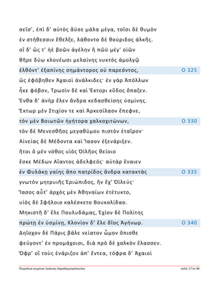 Ἐπιμέλεια κειμένου Ἰωάννης Καραδημητρόπουλος σελίς 17 ἐκ 96
σεῖσ’, ἐπὶ δ’ αὐτὸς ἄϋσε μάλα μέγα, τοῖσι δὲ θυμὸν
ἐν στήθεσσιν ἔθελξε, λάθοντο δὲ θούριδος ἀλκῆς.
οἳ δ’ ὥς τ’ ἠὲ βοῶν ἀγέλην ἢ πῶϋ μέγ’ οἰῶν
θῆρε δύω κλονέωσι μελαίνης νυκτὸς ἀμολγῷ
ἐλθόντ’ ἐξαπίνης σημάντορος οὐ παρεόντος, Ο 325
ὣς ἐφόβηθεν Ἀχαιοὶ ἀνάλκιδες· ἐν γὰρ Ἀπόλλων
ἧκε φόβον, Τρωσὶν δὲ καὶ Ἕκτορι κῦδος ὄπαζεν.
Ἔνθα δ’ ἀνὴρ ἕλεν ἄνδρα κεδασθείσης ὑσμίνης.
Ἕκτωρ μὲν Στιχίον τε καὶ Ἀρκεσίλαον ἔπεφνε,
τὸν μὲν Βοιωτῶν ἡγήτορα χαλκοχιτώνων, Ο 330
τὸν δὲ Μενεσθῆος μεγαθύμου πιστὸν ἑταῖρον·
Αἰνείας δὲ Μέδοντα καὶ Ἴασον ἐξενάριξεν.
ἤτοι ὃ μὲν νόθος υἱὸς Ὀϊλῆος θείοιο
ἔσκε Μέδων Αἴαντος ἀδελφεός· αὐτὰρ ἔναιεν
ἐν Φυλάκῃ γαίης ἄπο πατρίδος ἄνδρα κατακτὰς Ο 335
γνωτὸν μητρυιῆς Ἐριώπιδος, ἣν ἔχ’ Ὀϊλεύς·
Ἴασος αὖτ’ ἀρχὸς μὲν Ἀθηναίων ἐτέτυκτο,
υἱὸς δὲ Σφήλοιο καλέσκετο Βουκολίδαο.
Μηκιστῆ δ’ ἕλε Πουλυδάμας, Ἐχίον δὲ Πολίτης
πρώτῃ ἐν ὑσμίνῃ, Κλονίον δ’ ἕλε δῖος Ἀγήνωρ. Ο 340
Δηΐοχον δὲ Πάρις βάλε νείατον ὦμον ὄπισθε
φεύγοντ’ ἐν προμάχοισι, διὰ πρὸ δὲ χαλκὸν ἔλασσεν.
Ὄφρ’ οἳ τοὺς ἐνάριζον ἀπ’ ἔντεα, τόφρα δ’ Ἀχαιοὶ
 