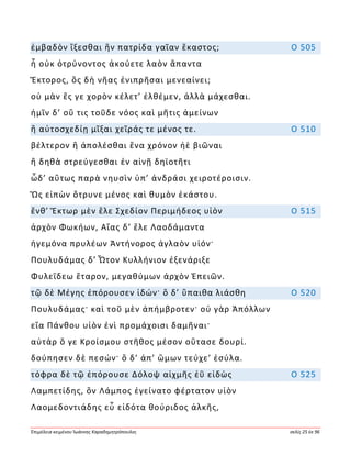 Ἐπιμέλεια κειμένου Ἰωάννης Καραδημητρόπουλος σελίς 25 ἐκ 96
ἐμβαδὸν ἵξεσθαι ἣν πατρίδα γαῖαν ἕκαστος; Ο 505
ἦ οὐκ ὀτρύνοντος ἀκούετε λαὸν ἅπαντα
Ἕκτορος, ὃς δὴ νῆας ἐνιπρῆσαι μενεαίνει;
οὐ μὰν ἔς γε χορὸν κέλετ’ ἐλθέμεν, ἀλλὰ μάχεσθαι.
ἡμῖν δ’ οὔ τις τοῦδε νόος καὶ μῆτις ἀμείνων
ἢ αὐτοσχεδίῃ μῖξαι χεῖράς τε μένος τε. Ο 510
βέλτερον ἢ ἀπολέσθαι ἕνα χρόνον ἠὲ βιῶναι
ἢ δηθὰ στρεύγεσθαι ἐν αἰνῇ δηϊοτῆτι
ὧδ’ αὔτως παρὰ νηυσὶν ὑπ’ ἀνδράσι χειροτέροισιν.
Ὣς εἰπὼν ὄτρυνε μένος καὶ θυμὸν ἑκάστου.
ἔνθ’ Ἕκτωρ μὲν ἕλε Σχεδίον Περιμήδεος υἱὸν Ο 515
ἀρχὸν Φωκήων, Αἴας δ’ ἕλε Λαοδάμαντα
ἡγεμόνα πρυλέων Ἀντήνορος ἀγλαὸν υἱόν·
Πουλυδάμας δ’ Ὦτον Κυλλήνιον ἐξενάριξε
Φυλεΐδεω ἕταρον, μεγαθύμων ἀρχὸν Ἐπειῶν.
τῷ δὲ Μέγης ἐπόρουσεν ἰδών· ὃ δ’ ὕπαιθα λιάσθη Ο 520
Πουλυδάμας· καὶ τοῦ μὲν ἀπήμβροτεν· οὐ γὰρ Ἀπόλλων
εἴα Πάνθου υἱὸν ἐνὶ προμάχοισι δαμῆναι·
αὐτὰρ ὅ γε Κροίσμου στῆθος μέσον οὔτασε δουρί.
δούπησεν δὲ πεσών· ὃ δ’ ἀπ’ ὤμων τεύχε’ ἐσύλα.
τόφρα δὲ τῷ ἐπόρουσε Δόλοψ αἰχμῆς ἐῢ εἰδὼς Ο 525
Λαμπετίδης, ὃν Λάμπος ἐγείνατο φέρτατον υἱὸν
Λαομεδοντιάδης εὖ εἰδότα θούριδος ἀλκῆς,
 