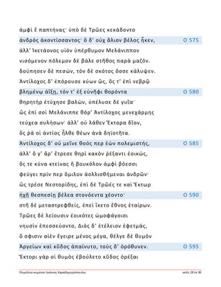 Ἐπιμέλεια κειμένου Ἰωάννης Καραδημητρόπουλος σελίς 28 ἐκ 96
ἀμφὶ ἓ παπτήνας· ὑπὸ δὲ Τρῶες κεκάδοντο
ἀνδρὸς ἀκοντίσσαντος· ὃ δ’ οὐχ ἅλιον βέλος ἧκεν, Ο 575
ἀλλ’ Ἱκετάονος υἱὸν ὑπέρθυμον Μελάνιππον
νισόμενον πόλεμον δὲ βάλε στῆθος παρὰ μαζόν.
δούπησεν δὲ πεσών, τὸν δὲ σκότος ὄσσε κάλυψεν.
Ἀντίλοχος δ’ ἐπόρουσε κύων ὥς, ὅς τ’ ἐπὶ νεβρῷ
βλημένῳ ἀΐξῃ, τόν τ’ ἐξ εὐνῆφι θορόντα Ο 580
θηρητὴρ ἐτύχησε βαλών, ὑπέλυσε δὲ γυῖα·
ὣς ἐπὶ σοὶ Μελάνιππε θόρ’ Ἀντίλοχος μενεχάρμης
τεύχεα συλήσων· ἀλλ’ οὐ λάθεν Ἕκτορα δῖον,
ὅς ῥά οἱ ἀντίος ἦλθε θέων ἀνὰ δηϊοτῆτα.
Ἀντίλοχος δ’ οὐ μεῖνε θοός περ ἐὼν πολεμιστής, Ο 585
ἀλλ’ ὅ γ’ ἄρ’ ἔτρεσε θηρὶ κακὸν ῥέξαντι ἐοικώς,
ὅς τε κύνα κτείνας ἢ βουκόλον ἀμφὶ βόεσσι
φεύγει πρίν περ ὅμιλον ἀολλισθήμεναι ἀνδρῶν·
ὣς τρέσε Νεστορίδης, ἐπὶ δὲ Τρῶές τε καὶ Ἕκτωρ
ἠχῇ θεσπεσίῃ βέλεα στονόεντα χέοντο· Ο 590
στῆ δὲ μεταστρεφθείς, ἐπεὶ ἵκετο ἔθνος ἑταίρων.
Τρῶες δὲ λείουσιν ἐοικότες ὠμοφάγοισι
νηυσὶν ἐπεσσεύοντο, Διὸς δ’ ἐτέλειον ἐφετμάς,
ὅ σφισιν αἰὲν ἔγειρε μένος μέγα, θέλγε δὲ θυμὸν
Ἀργείων καὶ κῦδος ἀπαίνυτο, τοὺς δ’ ὀρόθυνεν. Ο 595
Ἕκτορι γάρ οἱ θυμὸς ἐβούλετο κῦδος ὀρέξαι
 