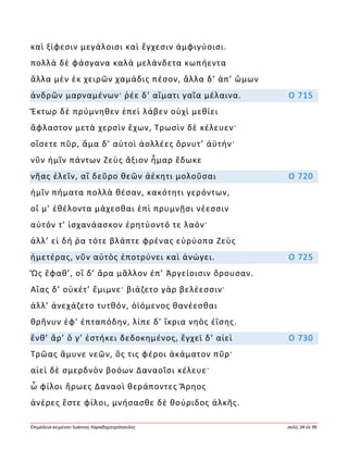 Ἐπιμέλεια κειμένου Ἰωάννης Καραδημητρόπουλος σελίς 34 ἐκ 96
καὶ ξίφεσιν μεγάλοισι καὶ ἔγχεσιν ἀμφιγύοισι.
πολλὰ δὲ φάσγανα καλὰ μελάνδετα κωπήεντα
ἄλλα μὲν ἐκ χειρῶν χαμάδις πέσον, ἄλλα δ’ ἀπ’ ὤμων
ἀνδρῶν μαρναμένων· ῥέε δ’ αἵματι γαῖα μέλαινα. Ο 715
Ἕκτωρ δὲ πρύμνηθεν ἐπεὶ λάβεν οὐχὶ μεθίει
ἄφλαστον μετὰ χερσὶν ἔχων, Τρωσὶν δὲ κέλευεν·
οἴσετε πῦρ, ἅμα δ’ αὐτοὶ ἀολλέες ὄρνυτ’ ἀϋτήν·
νῦν ἡμῖν πάντων Ζεὺς ἄξιον ἦμαρ ἔδωκε
νῆας ἑλεῖν, αἳ δεῦρο θεῶν ἀέκητι μολοῦσαι Ο 720
ἡμῖν πήματα πολλὰ θέσαν, κακότητι γερόντων,
οἵ μ’ ἐθέλοντα μάχεσθαι ἐπὶ πρυμνῇσι νέεσσιν
αὐτόν τ’ ἰσχανάασκον ἐρητύοντό τε λαόν·
ἀλλ’ εἰ δή ῥα τότε βλάπτε φρένας εὐρύοπα Ζεὺς
ἡμετέρας, νῦν αὐτὸς ἐποτρύνει καὶ ἀνώγει. Ο 725
Ὣς ἔφαθ’, οἳ δ’ ἄρα μᾶλλον ἐπ’ Ἀργείοισιν ὄρουσαν.
Αἴας δ’ οὐκέτ’ ἔμιμνε· βιάζετο γὰρ βελέεσσιν·
ἀλλ’ ἀνεχάζετο τυτθόν, ὀϊόμενος θανέεσθαι
θρῆνυν ἐφ’ ἑπταπόδην, λίπε δ’ ἴκρια νηὸς ἐΐσης.
ἔνθ’ ἄρ’ ὅ γ’ ἑστήκει δεδοκημένος, ἔγχεϊ δ’ αἰεὶ Ο 730
Τρῶας ἄμυνε νεῶν, ὅς τις φέροι ἀκάματον πῦρ·
αἰεὶ δὲ σμερδνὸν βοόων Δαναοῖσι κέλευε·
ὦ φίλοι ἥρωες Δαναοὶ θεράποντες Ἄρηος
ἀνέρες ἔστε φίλοι, μνήσασθε δὲ θούριδος ἀλκῆς.
 