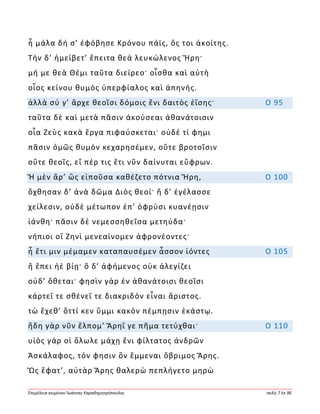 Ἐπιμέλεια κειμένου Ἰωάννης Καραδημητρόπουλος σελίς 7 ἐκ 96
ἦ μάλα δή σ’ ἐφόβησε Κρόνου πάϊς, ὅς τοι ἀκοίτης.
Τὴν δ’ ἠμείβετ’ ἔπειτα θεὰ λευκώλενος Ἥρη·
μή με θεὰ Θέμι ταῦτα διείρεο· οἶσθα καὶ αὐτὴ
οἷος κείνου θυμὸς ὑπερφίαλος καὶ ἀπηνής.
ἀλλὰ σύ γ’ ἄρχε θεοῖσι δόμοις ἔνι δαιτὸς ἐΐσης· Ο 95
ταῦτα δὲ καὶ μετὰ πᾶσιν ἀκούσεαι ἀθανάτοισιν
οἷα Ζεὺς κακὰ ἔργα πιφαύσκεται· οὐδέ τί φημι
πᾶσιν ὁμῶς θυμὸν κεχαρησέμεν, οὔτε βροτοῖσιν
οὔτε θεοῖς, εἴ πέρ τις ἔτι νῦν δαίνυται εὔφρων.
Ἣ μὲν ἄρ’ ὣς εἰποῦσα καθέζετο πότνια Ἥρη, Ο 100
ὄχθησαν δ’ ἀνὰ δῶμα Διὸς θεοί· ἣ δ’ ἐγέλασσε
χείλεσιν, οὐδὲ μέτωπον ἐπ’ ὀφρύσι κυανέῃσιν
ἰάνθη· πᾶσιν δὲ νεμεσσηθεῖσα μετηύδα·
νήπιοι οἳ Ζηνὶ μενεαίνομεν ἀφρονέοντες·
ἦ ἔτι μιν μέμαμεν καταπαυσέμεν ἆσσον ἰόντες Ο 105
ἢ ἔπει ἠὲ βίῃ· ὃ δ’ ἀφήμενος οὐκ ἀλεγίζει
οὐδ’ ὄθεται· φησὶν γὰρ ἐν ἀθανάτοισι θεοῖσι
κάρτεΐ τε σθένεΐ τε διακριδὸν εἶναι ἄριστος.
τὼ ἔχεθ’ ὅττί κεν ὔμμι κακὸν πέμπῃσιν ἑκάστῳ.
ἤδη γὰρ νῦν ἔλπομ’ Ἄρηΐ γε πῆμα τετύχθαι· Ο 110
υἱὸς γάρ οἱ ὄλωλε μάχῃ ἔνι φίλτατος ἀνδρῶν
Ἀσκάλαφος, τόν φησιν ὃν ἔμμεναι ὄβριμος Ἄρης.
Ὣς ἔφατ’, αὐτὰρ Ἄρης θαλερὼ πεπλήγετο μηρὼ
 
