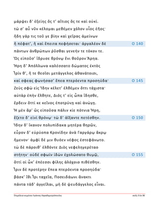 Ἐπιμέλεια κειμένου Ἰωάννης Καραδημητρόπουλος σελίς 9 ἐκ 96
μάρψει δ’ ἑξείης ὅς τ’ αἴτιος ὅς τε καὶ οὐκί.
τώ σ’ αὖ νῦν κέλομαι μεθέμεν χόλον υἷος ἑῆος·
ἤδη γάρ τις τοῦ γε βίην καὶ χεῖρας ἀμείνων
ἢ πέφατ’, ἢ καὶ ἔπειτα πεφήσεται· ἀργαλέον δὲ Ο 140
πάντων ἀνθρώπων ῥῦσθαι γενεήν τε τόκον τε.
Ὣς εἰποῦσ’ ἵδρυσε θρόνῳ ἔνι θοῦρον Ἄρηα.
Ἥρη δ’ Ἀπόλλωνα καλέσσατο δώματος ἐκτὸς
Ἶρίν θ’, ἥ τε θεοῖσι μετάγγελος ἀθανάτοισι,
καί σφεας φωνήσασ’ ἔπεα πτερόεντα προσηύδα· Ο 145
Ζεὺς σφὼ εἰς Ἴδην κέλετ’ ἐλθέμεν ὅττι τάχιστα·
αὐτὰρ ἐπὴν ἔλθητε, Διός τ’ εἰς ὦπα ἴδησθε,
ἕρδειν ὅττί κε κεῖνος ἐποτρύνῃ καὶ ἀνώγῃ.
Ἣ μὲν ἄρ’ ὣς εἰποῦσα πάλιν κίε πότνια Ἥρη,
ἕζετο δ’ εἰνὶ θρόνῳ· τὼ δ’ ἀΐξαντε πετέσθην. Ο 150
Ἴδην δ’ ἵκανον πολυπίδακα μητέρα θηρῶν,
εὗρον δ’ εὐρύοπα Κρονίδην ἀνὰ Γαργάρῳ ἄκρῳ
ἥμενον· ἀμφὶ δέ μιν θυόεν νέφος ἐστεφάνωτο.
τὼ δὲ πάροιθ’ ἐλθόντε Διὸς νεφεληγερέταο
στήτην· οὐδέ σφωϊν ἰδὼν ἐχολώσατο θυμῷ, Ο 155
ὅττί οἱ ὦκ’ ἐπέεσσι φίλης ἀλόχοιο πιθέσθην.
Ἶριν δὲ προτέρην ἔπεα πτερόεντα προσηύδα·
βάσκ’ ἴθι Ἶρι ταχεῖα, Ποσειδάωνι ἄνακτι
πάντα τάδ’ ἀγγεῖλαι, μὴ δὲ ψευδάγγελος εἶναι.
 