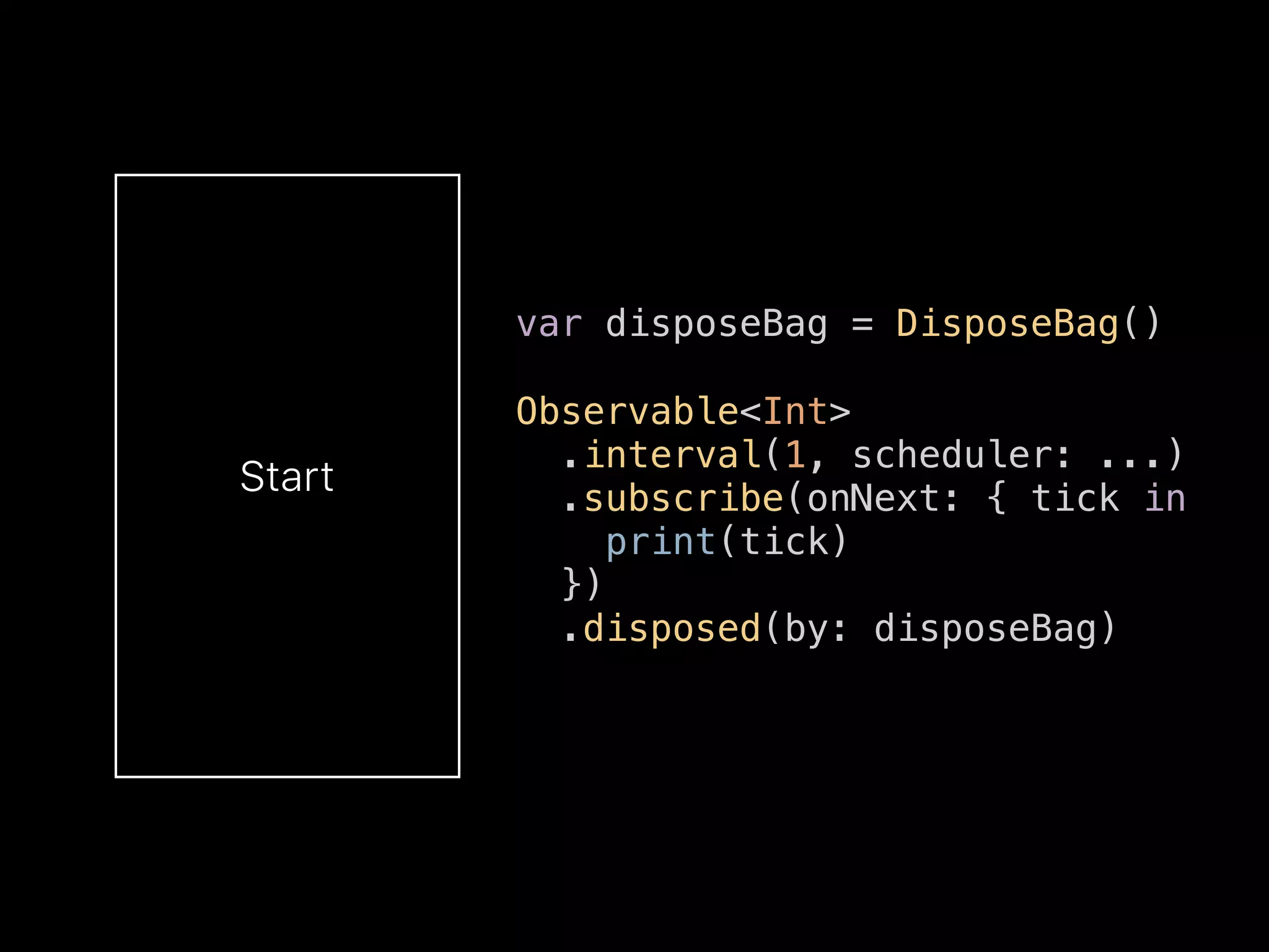 var disposeBag = DisposeBag()
Observable<Int>
.interval(1, scheduler: ...)
.subscribe(onNext: { tick in
print(tick)
})
.disposed(by: disposeBag)
Start
 