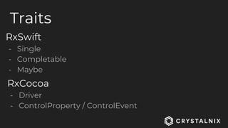 Traits
RxSwift
- Single
- Completable
- Maybe
RxCocoa
- Driver
- ControlProperty / ControlEvent
 