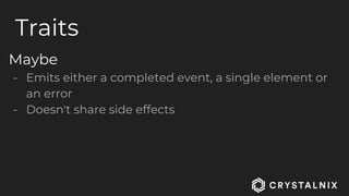 Traits
Maybe
- Emits either a completed event, a single element or
an error
- Doesn't share side effects
 