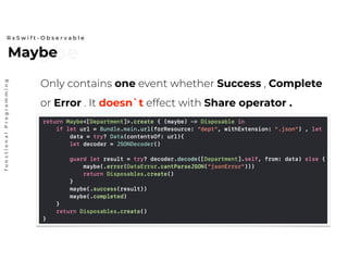 MaybeMaybe
R x S w i f t - O b s e r v a b l e
functionalProgramming
Only contains one event whether Success , Complete
or Error . It doesn`t effect with Share operator .
 