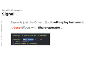 SignalSignal
R x S w i f t - O b s e r v a b l e
functionalProgramming
Signal is just like Driver . But it will replay last event .
It dose effects with Share operator .
 