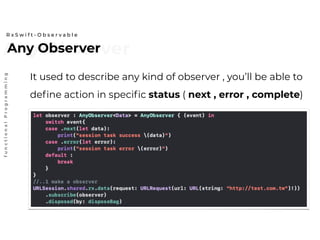 Any ObserverAny Observer
R x S w i f t - O b s e r v a b l e
functionalProgramming
It used to describe any kind of observer , you’ll be able to
define action in specific status ( next , error , complete)
 
