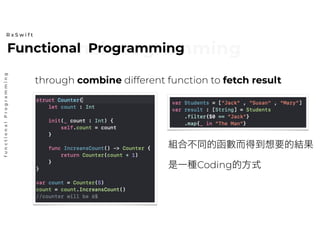 Functional programmingFunctional Programming
R x S w i f t
functionalProgramming
through combine different function to fetch result
組合不同的函數而得到想要的結果
是一種Coding的方式
 
