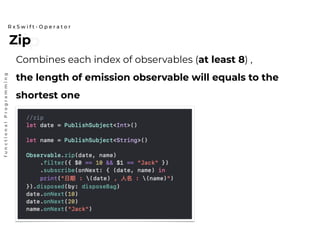 ZipZip
R x S w i f t - O p e r a t o r
functionalProgramming
Combines each index of observables (at least 8) ,
the length of emission observable will equals to the
shortest one
 