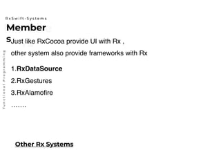 Membe
rs
Member
s
R x S w i f t - S y s t e m s
functionalProgramming
Just like RxCocoa provide UI with Rx ,
other system also provide frameworks with Rx
1.RxDataSource
2.RxGestures
3.RxAlamofire
…….
Other Rx Systems
 