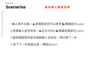 基 本 輸 入 畫 面 控 制
functionalProgramming
ScenariosScenarios
R x S w i f t
1.輸入用戶名稱 > a.密碼框是否可以使用 b.隱藏提示Label
2.密碼輸入是否有效 > a.位元大於6 b.隱藏密碼提示Label
3.當密碼跟使用者名稱都輸入且有效 > 再打開下一步
4.按下下一步按鈕以後 > 彈跳出alert
 