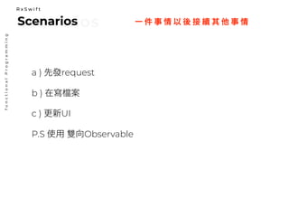 一 件 事 情 以 後 接 續 其 他 事 情
functionalProgramming
ScenariosScenarios
R x S w i f t
a ) 先發request
b ) 在寫 案
c ) 更新UI
P.S 使用 雙向Observable
 
