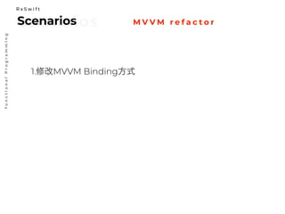 M V V M r e f a c t o r
functionalProgramming
ScenariosScenarios
R x S w i f t
1.修改MVVM Binding方式
 