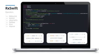 RxSwift
Operators:
- debounce
- distinct
- observeOn
- ﬂatMap
- bind
- dispose
 
