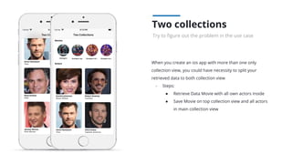 When you create an ios app with more than one only
collection view, you could have necessity to split your
retrieved data to both collection view
- Steps:
● Retrieve Data Movie with all own actors inside
● Save Movie on top collection view and all actors
in main collection view
Two collections
Try to ﬁgure out the problem in the use case
 