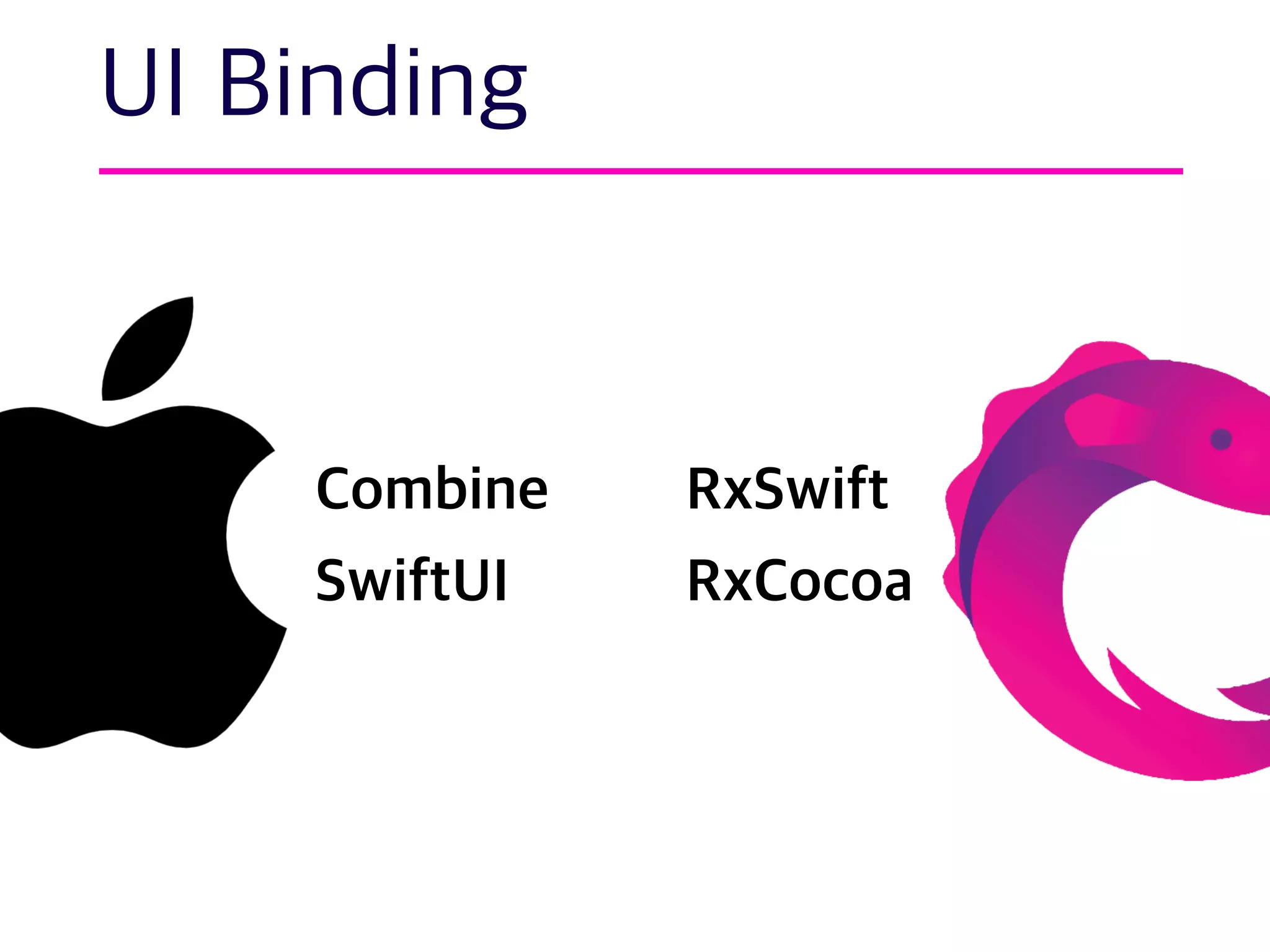 UI Binding
Combine
SwiftUI
RxSwift
RxCocoa
 