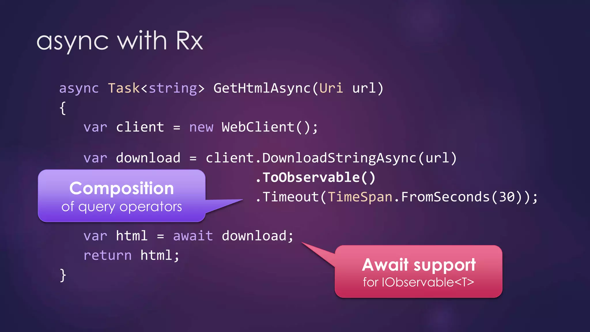 async Task<string> GetHtmlAsync(Uri url)
{
var client = new WebClient();
var download = client.DownloadStringAsync(url)
.ToObservable()
.Timeout(TimeSpan.FromSeconds(30));
var html = await download;
return html;
}
async with Rx
 