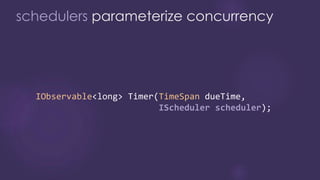 schedulers parameterize concurrency
IObservable long TimeSpan
IScheduler scheduler
 