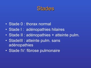 Stades Stade 0 : thorax normal Stade I :  adénopathies hilaires Stade II : adénopathies + atteinte pulm. StadeIII : atteinte pulm. sans adénopathies Stade IV: fibrose pulmonaire 