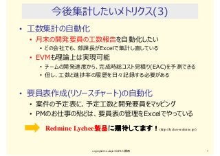今後集計したいメトリクス(3)
• ⼯数集計の自動化
• 月末の開発要員の⼯数報告を自動化したい
• どの会社でも、部課⻑がExcelで集計し直している
• EVMも理論上は実現可能
• チームの開発速度から、完成時総コスト⾒積り(EAC)を予測できる
• 但し、⼯数と進捗率の履歴を日々記録する必要がある
• 要員表作成(リソースチャート)の自動化
• 案件の予定表に、予定⼯数と開発要員をマッピング
• PMのお仕事の殆どは、要員表の管理をExcelでやっている
copyright2014 akipii@XPJUG関西 7
Redmine Lychee製品製品製品製品に期待してます！に期待してます！に期待してます！に期待してます！(http://lychee-redmine.jp/)
 