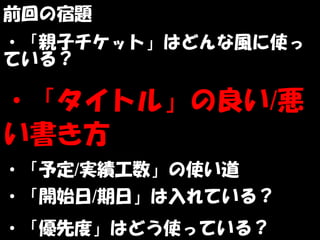 前回の宿題
・「親子チケット」はどんな風に使っ
ている？

・「タイトル」の良い/悪
い書き方
・「予定/実績工数」の使い道
・「開始日/期日」は入れている？
・「優先度」はどう使っている？
 