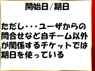 開始日/期日

ただし･･･ユーザからの
問合せなど自チーム以外
が関係するチケットでは
期日を使っている
 