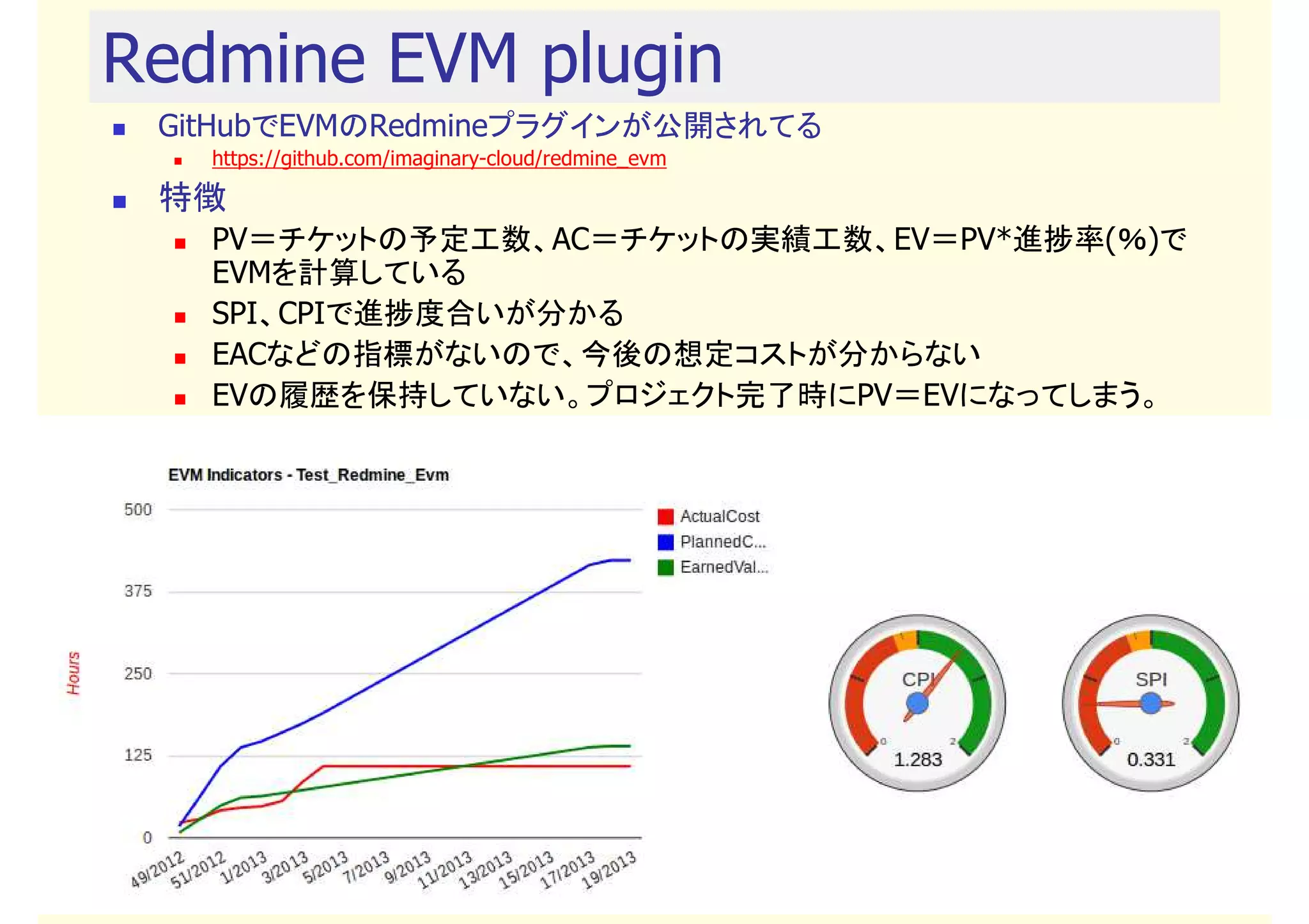 Redmine EVM plugin
 GitHubでEVMのRedmineプラグインが公開されてる
   https://github.com/imaginary-cloud/redmine_evm

 特徴
   PV＝チケットの予定工数、AC＝チケットの実績工数、EV＝PV*進捗率(％)で
   EVMを計算している
   SPI、CPIで進捗度合いが分かる
   EACなどの指標がないので、今後の想定コストが分からない
   EVの履歴を保持していない。プロジェクト完了時にPV＝EVになってしまう。




                                (copyright2013 akipii@XPJUG関西)   19
 