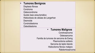 • Tumores Benignos
Displasia fibrosa
Condroma
Osteocondroma
Quiste óseo aneurismático
Histiocitosis de células de Langerhan
Desmoide
Condroblastoma
Osteoblastoma
• Tumores Malignos
Condrosarcoma
Osteosarcoma
Familia de tumores de sarcoma de Ewing
Plasmocitoma solitario
Sarcoma de tejido blando
Histiocitoma fibroso maligno
Rabdomiosarcoma
 